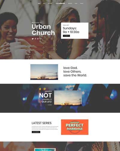 website homepage showing people gathered around a table for Urban Church