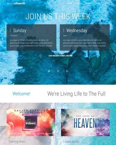website homepage with a waves background for Beach Church