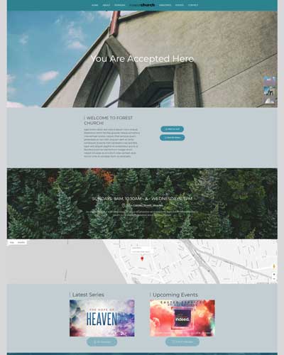 website homepage showing exterior of church building for Forest Chruch